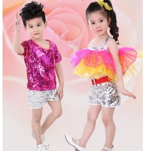 Fuchsia silver sequined paillette boys girls child children modern dance jazz dance t show school play hip hop dance costumes